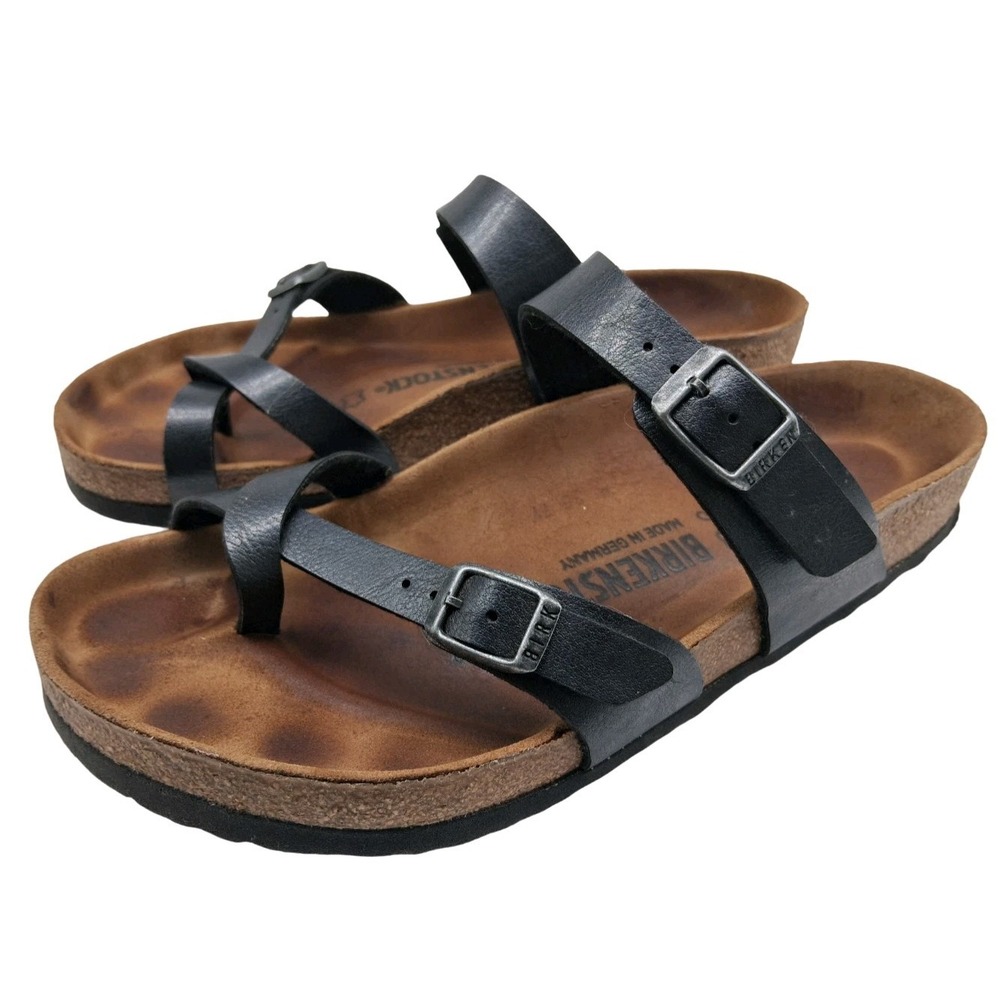 Birkenstock Mayari Sandals Womens Size 8 39 Black Leather Strappy Cork Footbed